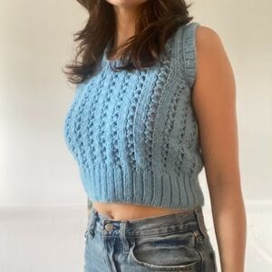 Vintage Handmade Knit Baby Blue Sweater Vest Size XS-S